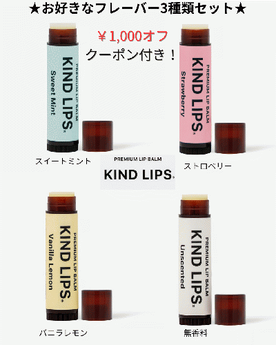  ¥1000オフクーポン付き！KIND LIPSリップバームお好きなフレーバー3種類セット！　
